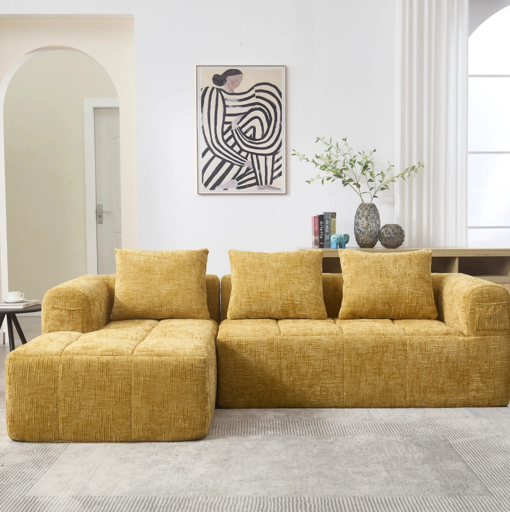 Sofà modulare a L con chaise longue 250x158x60 cm in chenille gialla; senza montaggio