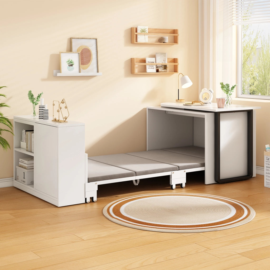 Scrivania 2-in-1 convertibile in letto bianca con materasso 4 cm ruote e armadietto