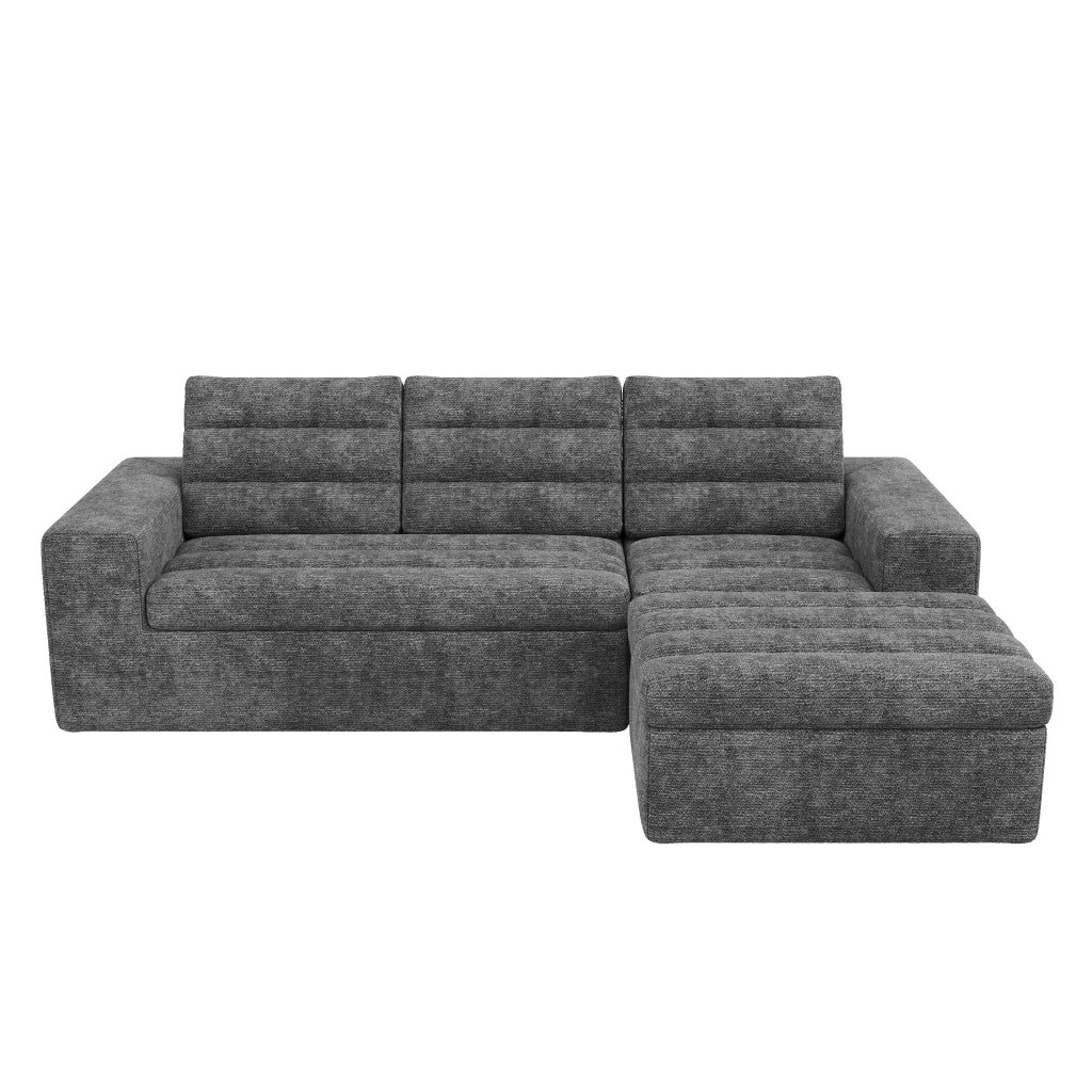 Divano angolare modulare 4 posti - con pouf e cuscini - in chenille - grigio chiaro