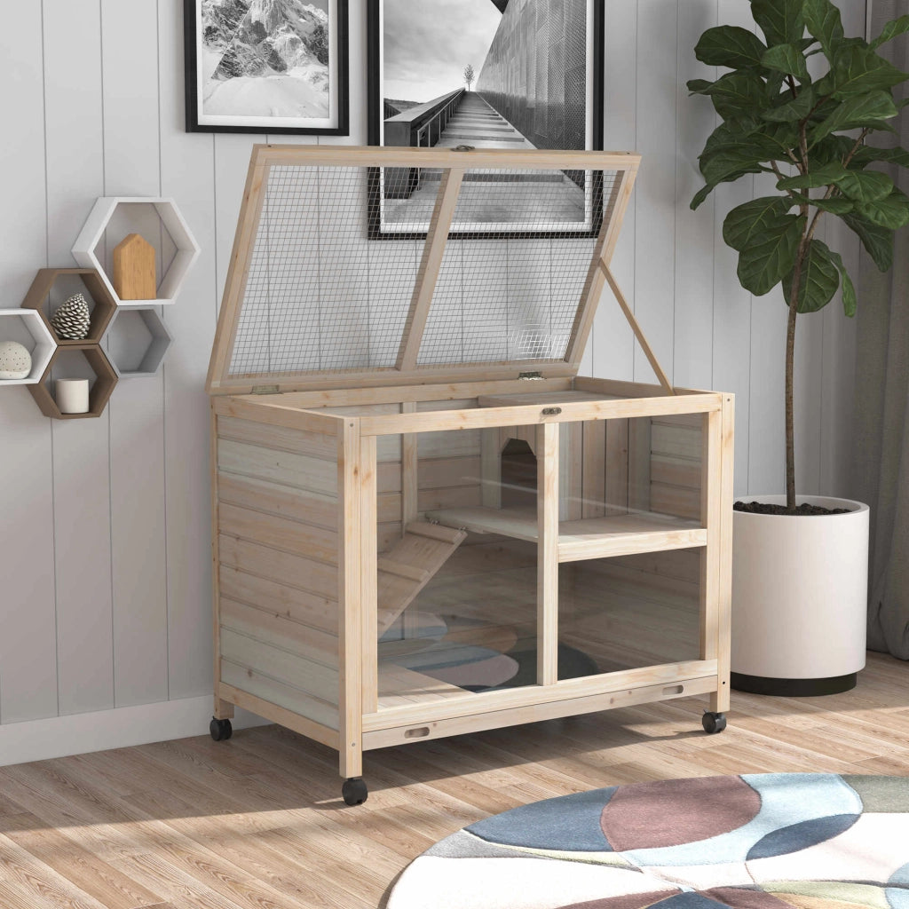 Gabbia per Conigli a 2 Livelli in Legno con Ruote ¨C zephmum ¨C 91.5x53.3x73 cm