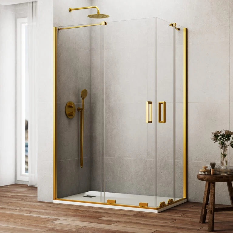 Box doccia angolare KENNA apertura al vertice 85x80 cm (80-85/75-80) oro spazzolato vetro trasparente