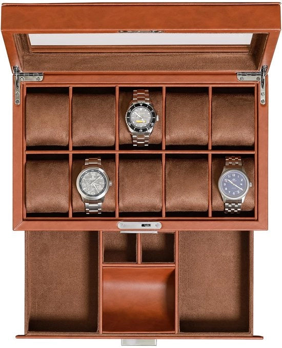 Cassa orologio in legno con 10 compartimenti, orologio da parete in legno, organizzatore di display, contenitore per orologi da polso con coperchio chiuso e vetrata (marrone chiaro/marrone scuro)