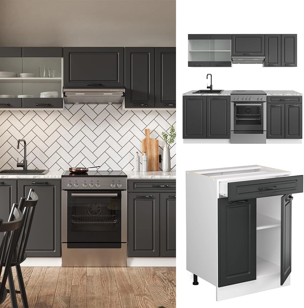 Cucina componibile R-Line, Antracite casa di campagna/bianco, 200 cm senza piano di lavoro, adatto per l'espansione individuale con moduli aggiuntivi