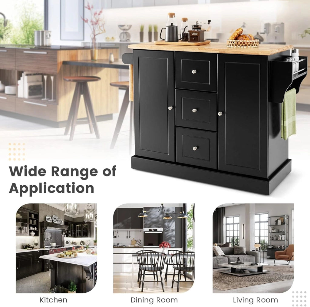 Carrello da Cucina con 3 Cassetti e 2 Armadi, Isola da Cucina Mobile con 5 Ruote Nascoste, Credenza Carrello da Portata con Portasciugamani e Portaspezie,126x45x91,5 cm (Nero)