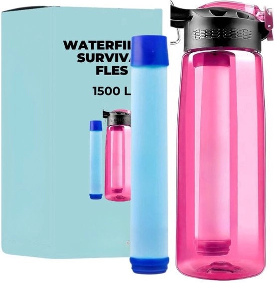 Filtro Acqua Survival - Apparecchio di Purificazione Acqua Rinnovabile per Esterno e Kit di Emergenza in Casa - Sistema di Filtraggio Acqua per Bevande con Succhiello Survival - 2000 Litri - Rosa