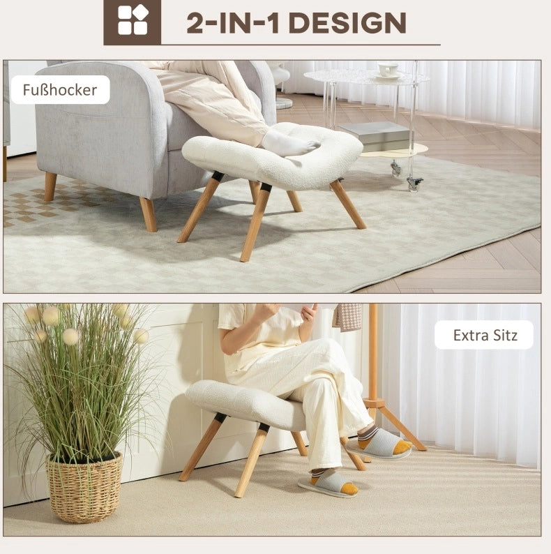 Pouf imbottito crema con gambe in legno di faggio