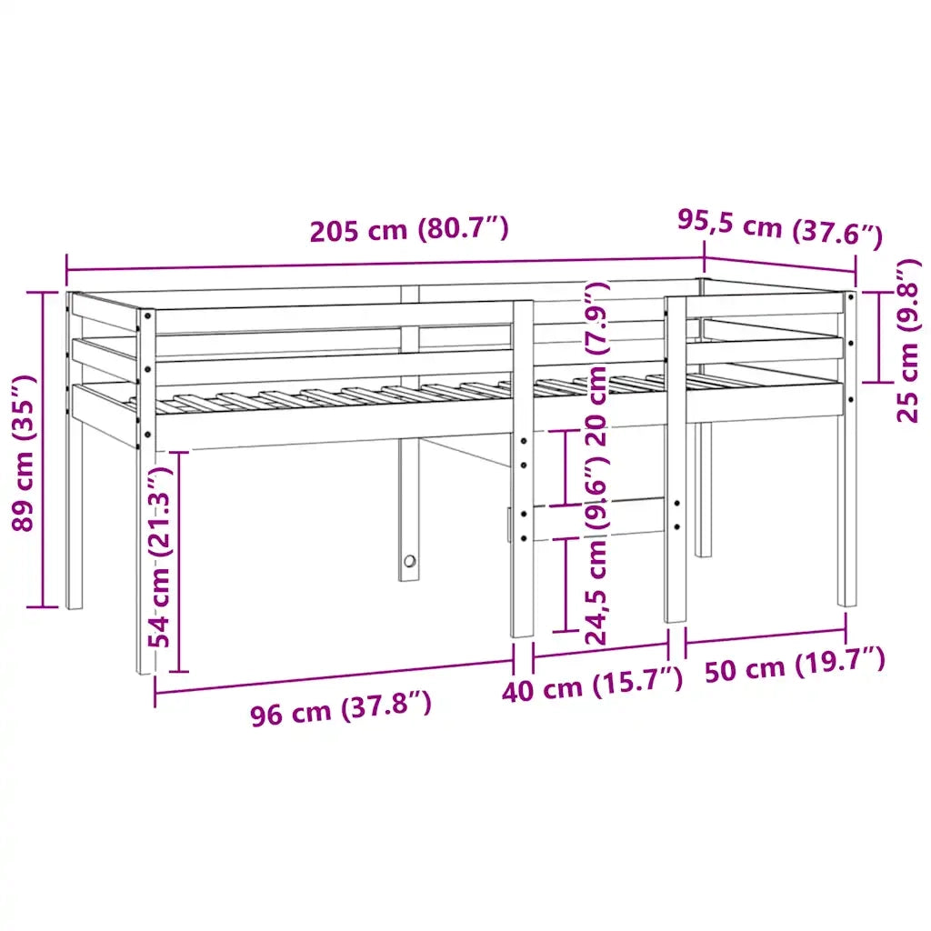 Letto a Soppalco 90x200 cm in Legno Massello di Pino 821604