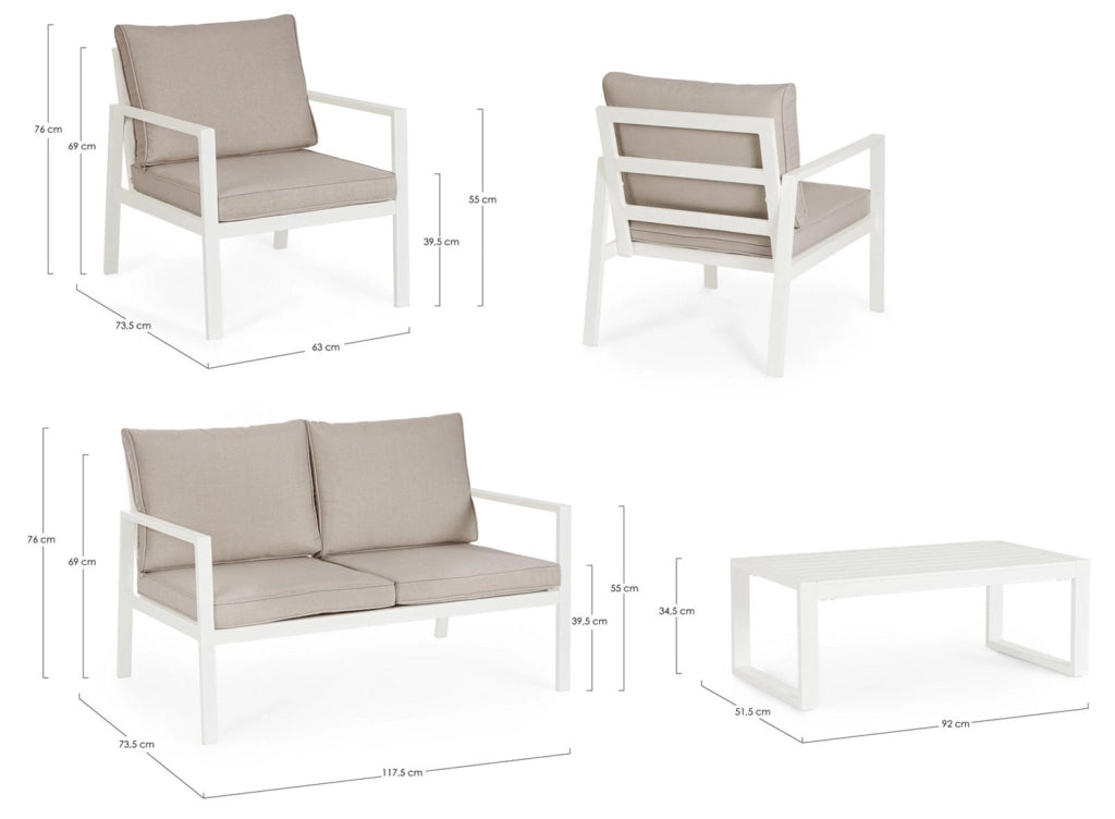 Set 4 Pezzi Salotto da Giardino con Divano 2 Poltrone e Tavolino in Alluminio e Spun Poly Hilde Bianco