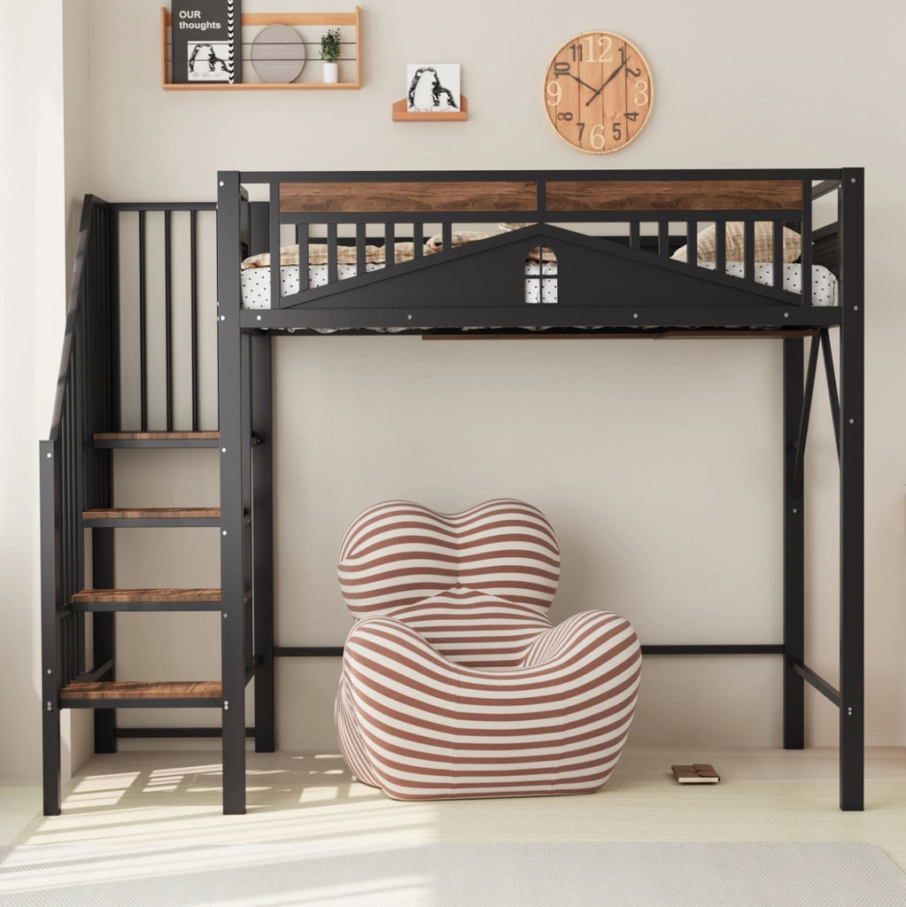 Letto a soppalco 90x200 cm in metallo nero con scala