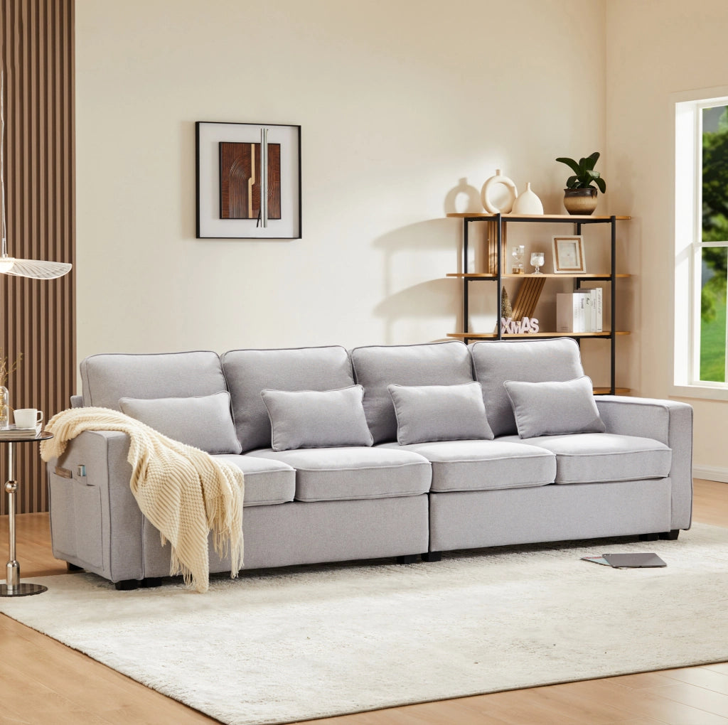 Divano 4 posti 264x83x87 cm con tasche portaoggetti e 4 cuscini in lino grigio