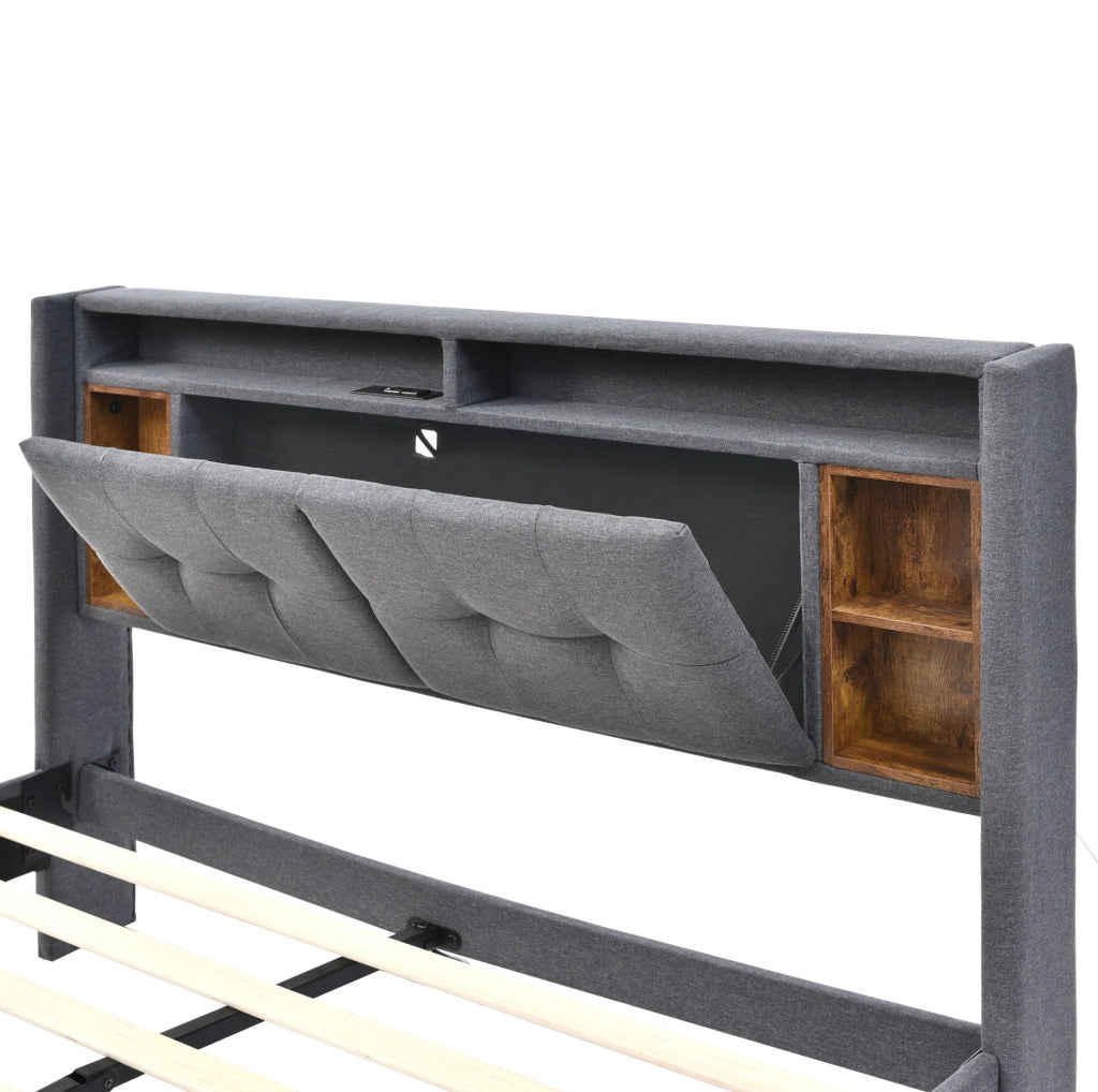Letto imbottito 140x200 cm con contenitore; LED; USB e prese; grigio