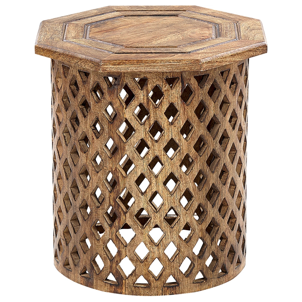 Tavolino in legno di mango scuro Piano ottagonale Base rotonda 45 x 45 cm Design tradizionale