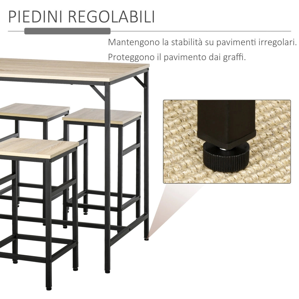 Set Bar Tavolino Alto e 4 Sgabelli in Metallo e Legno Rovere Chiaro
