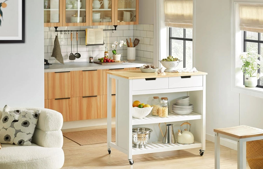 Mobile Cucina Salvaspazio Carrello Cucina con Ruote Credenza Cucina Mobiletto Cucina Dispensa Isola Cucina Mobile Cucina con Cassetti Piano in Legno Bianco-Naturale 98x94x58 cm FKW74-WN