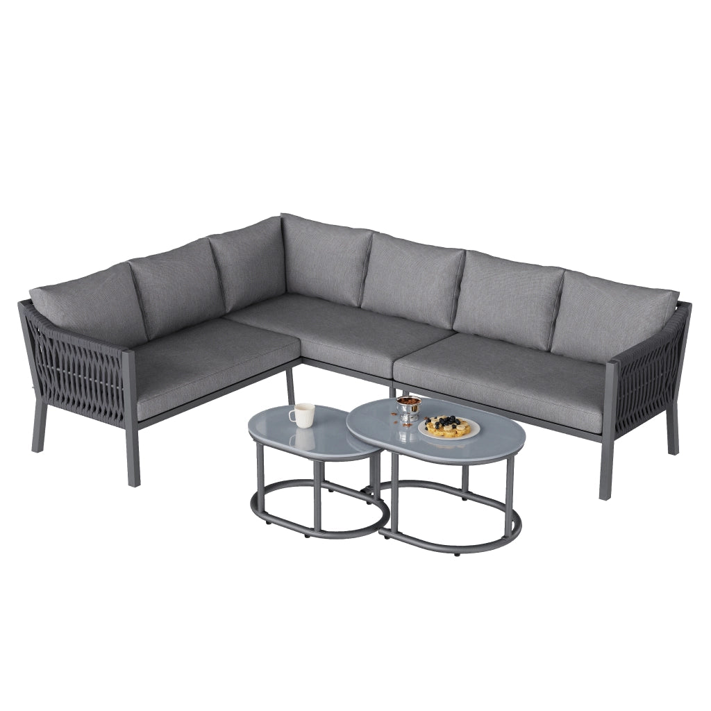 Set da pranzo da giardino set di mobili da giardino 6 persone posizione angolo ferro zincato piano di vetro corda intrecciata a mano comprende due tavolini da caffè e un divano grigio