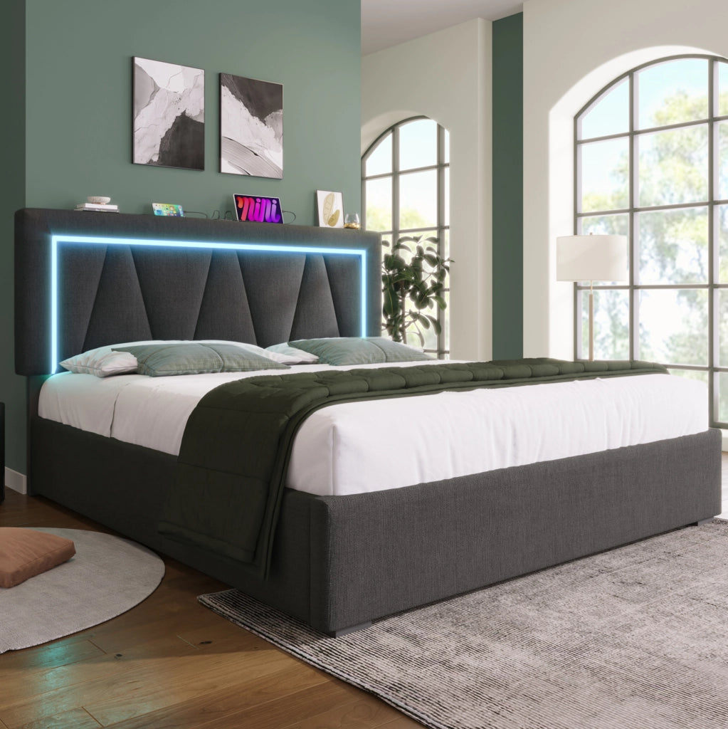 Letto matrimoniale imbottito 160x200 cm con LED; USB e Type-C; contenitore; grigio