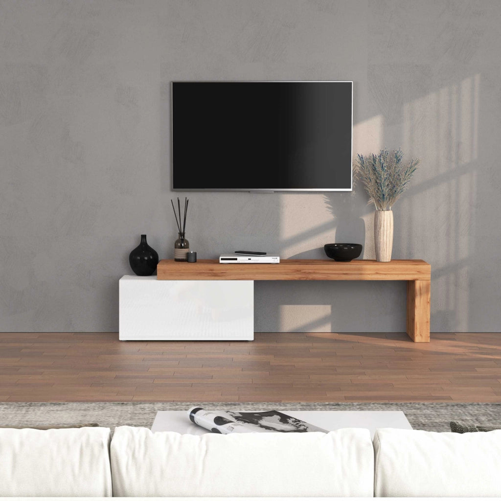 WHOUS Mobile porta tv Chronos estensibile con 1 anta a ribalta bianco/rovere 180/260x40x51 cm