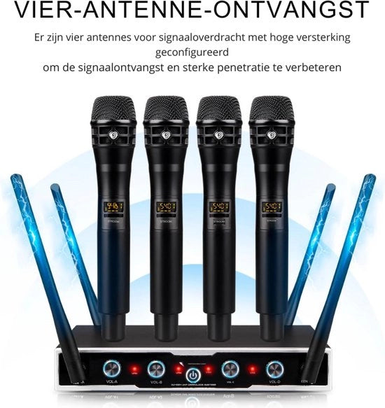 Microfono UHF a Batteria 4 x 16 Canali Impostabili con Microfono a Mano Set di Microfoni a Batteria 80 m di Raggio Microfono a Batteria per Canto Karaoke 4 Manuali
