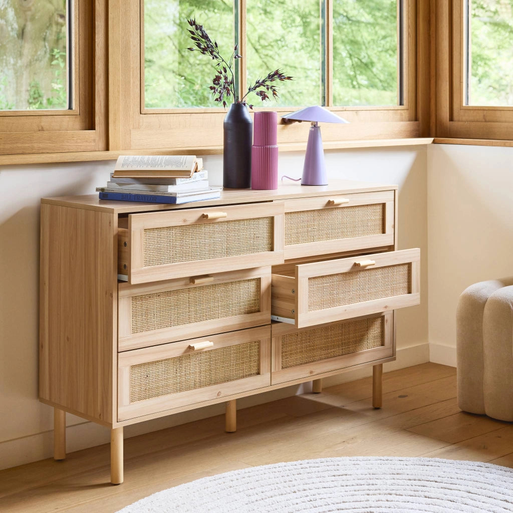 Cassettone con effetto canna e legno a 6 cassetti