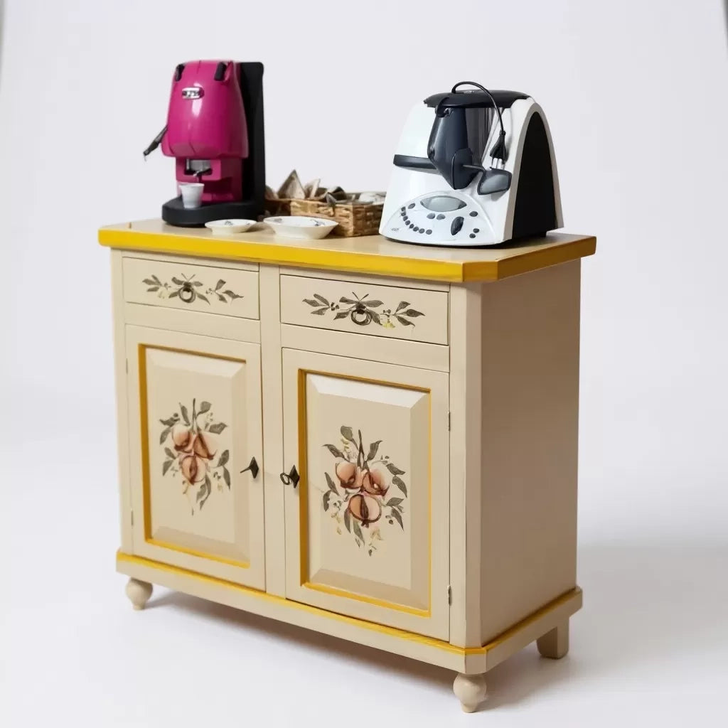 Credenza 2 ante legno bianca anticata decorata filo giallo 104x43x98 - Mobili 2G