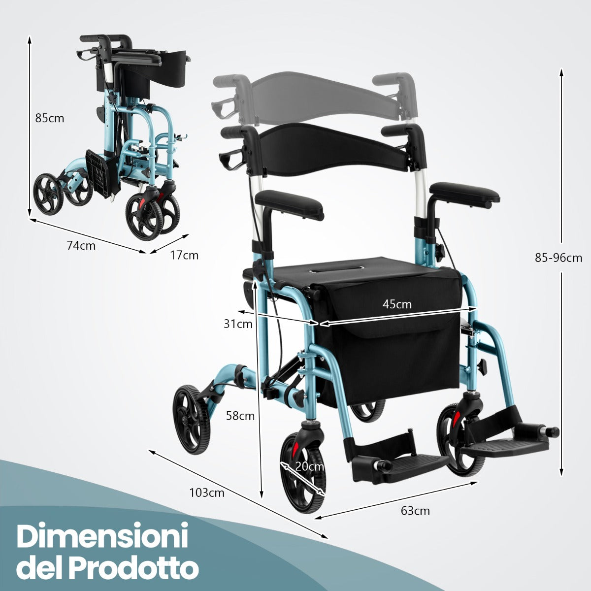 Deambulatore 2-in-1 con ausilio per camminare pieghevole e sedile grande-Deambulatore porta ombrello e borsa per persone con disabilit¨¤ Blu