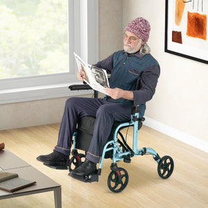 Deambulatore 2-in-1 con ausilio per camminare pieghevole e sedile grande-Deambulatore porta ombrello e borsa per persone con disabilit¨¤ Blu