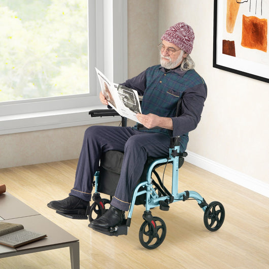 Deambulatore 2-in-1 con ausilio per camminare pieghevole e sedile grande-Deambulatore porta ombrello e borsa per persone con disabilit¨¤ Blu