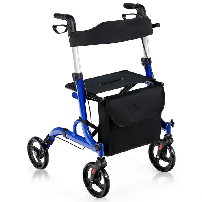 Deambulatore con seduta 2 in 1, Rollator pieghevole con 4 ruote 20cm maniglie regolabili borsa portaoggetti Blu-Salute e bellezza
