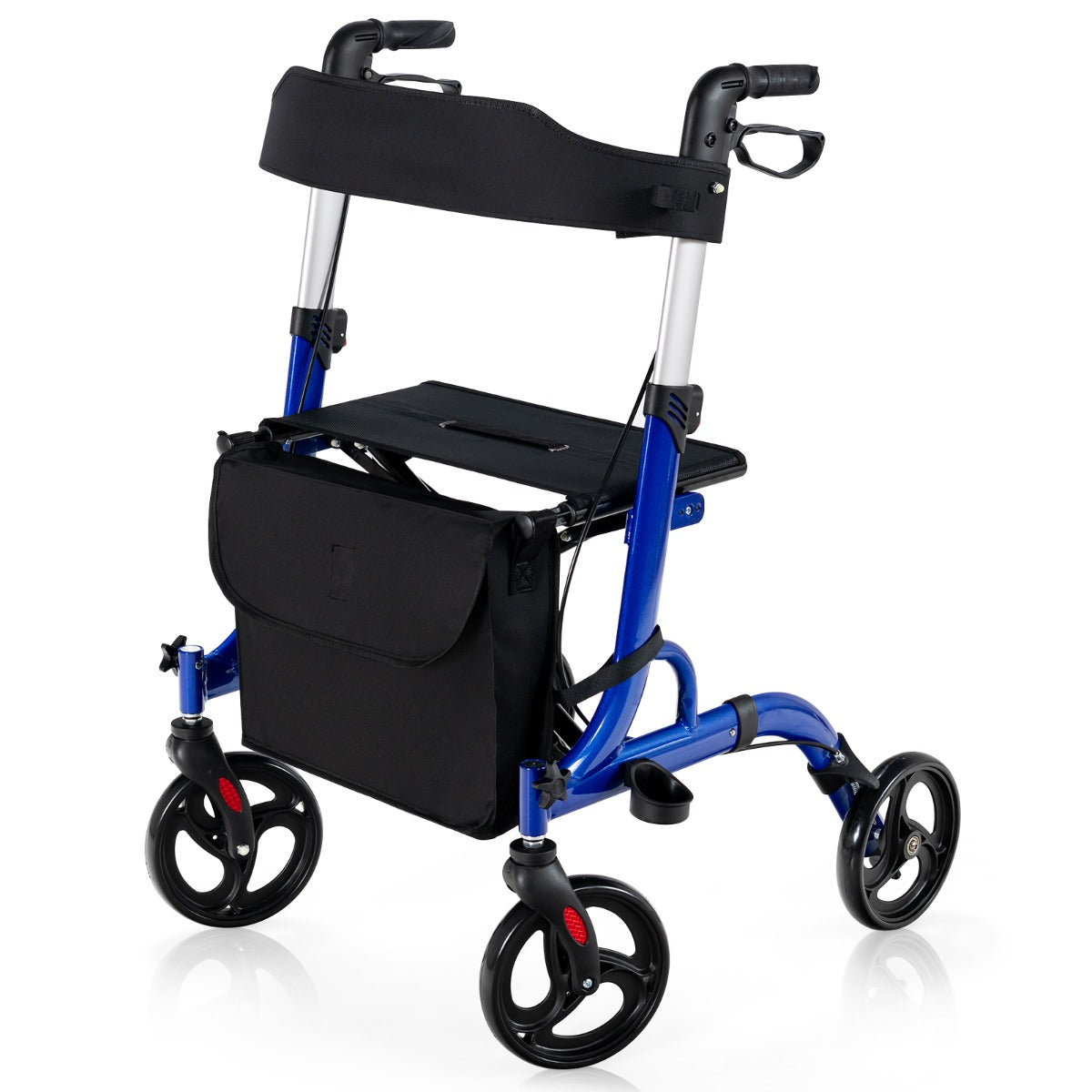 Deambulatore con seduta 2 in 1, Rollator pieghevole con 4 ruote 20cm maniglie regolabili borsa portaoggetti Blu-Salute e bellezza