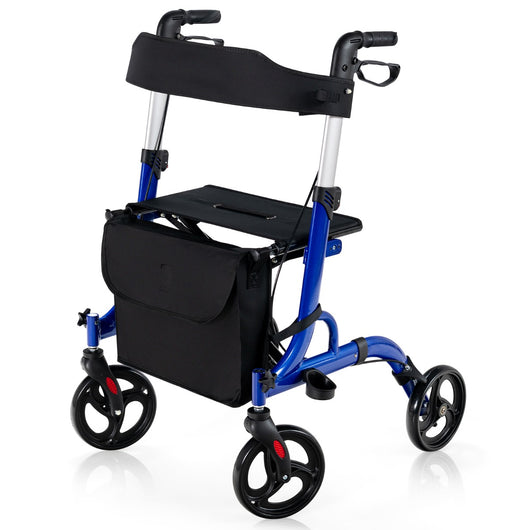 Deambulatore con seduta 2 in 1, Rollator pieghevole con 4 ruote 20cm maniglie regolabili borsa portaoggetti Blu-Salute e bellezza