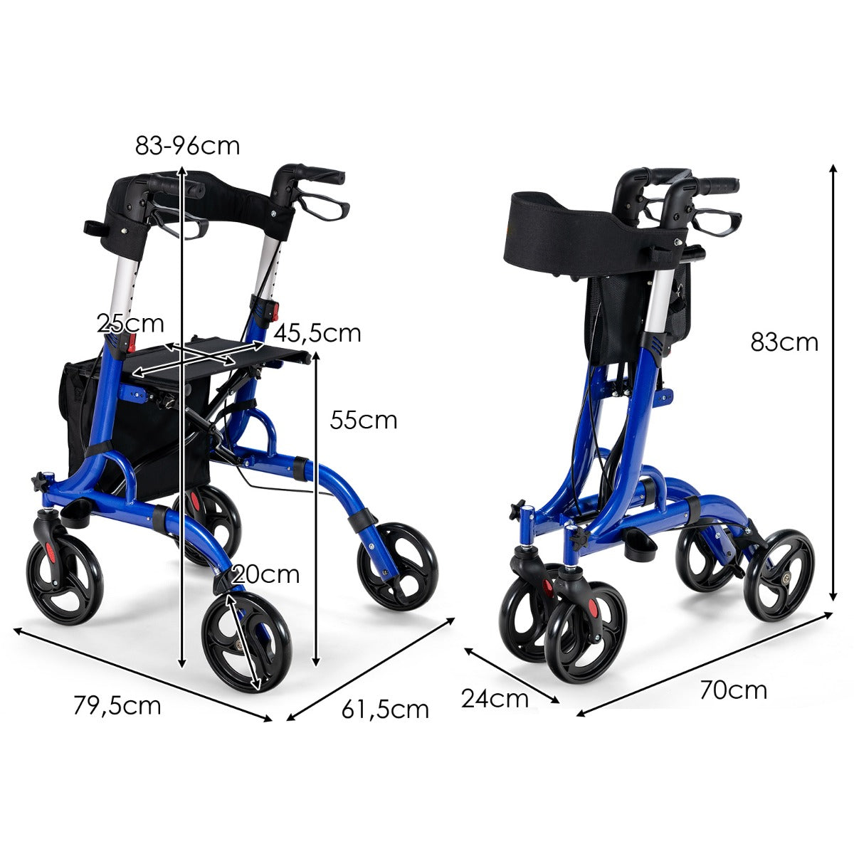 Deambulatore con seduta 2 in 1, Rollator pieghevole con 4 ruote 20cm maniglie regolabili borsa portaoggetti Blu-Salute e bellezza
