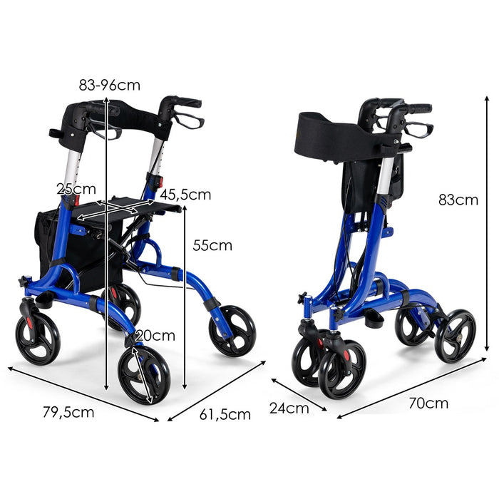 Deambulatore con seduta 2 in 1, Rollator pieghevole con 4 ruote 20cm maniglie regolabili borsa portaoggetti Blu-Salute e bellezza