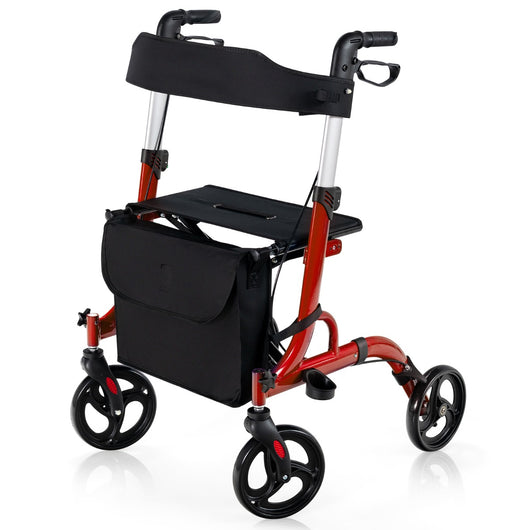 Deambulatore con seduta 2 in 1, Rollator pieghevole con 4 ruote 20cm maniglie regolabili borsa portaoggetti Rosso-Salute e bellezza