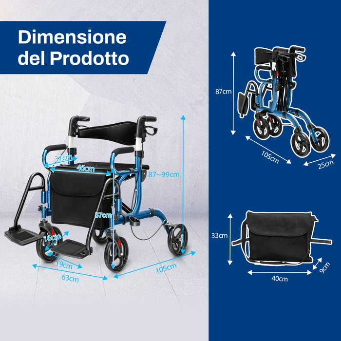 Rollator 2 in 1 per anziani con schienale reversibile manici regolabili ruote da 19,5cm, Deambulatore pieghevole Blu-Salute e bellezza