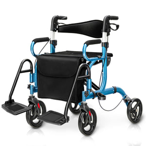 Rollator 2 in 1 per anziani con schienale reversibile manici regolabili ruote da 19,5cm, Deambulatore pieghevole Blu-Salute e bellezza