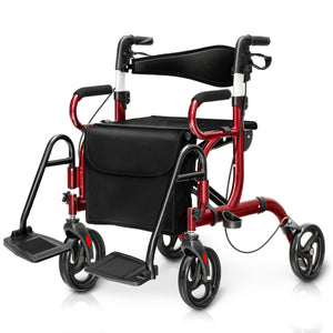 Rollator 2 in 1 per anziani con schienale reversibile manici regolabili ruote da 19,5cm, Deambulatore pieghevole Rosso-Salute e bellezza