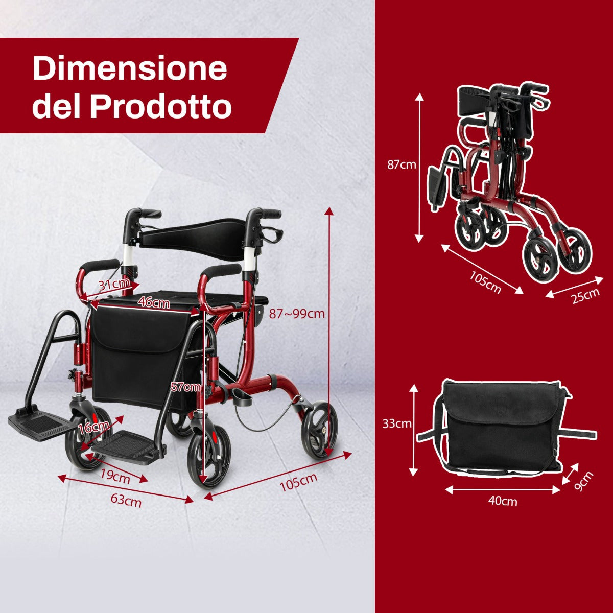 Rollator 2 in 1 per anziani con schienale reversibile manici regolabili ruote da 19,5cm, Deambulatore pieghevole Rosso-Salute e bellezza