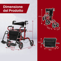 Rollator 2 in 1 per anziani con schienale reversibile manici regolabili ruote da 19,5cm, Deambulatore pieghevole Rosso-Salute e bellezza