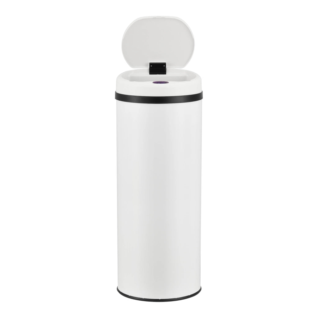Pattumiera Automatica 47 L, Bidone Cilindrico in Acciaio Inox (AxØ) 77 x 30,5 cm Coperchio con Sensore di Movimento e Display a LED, Apertura Ampia - Bianco