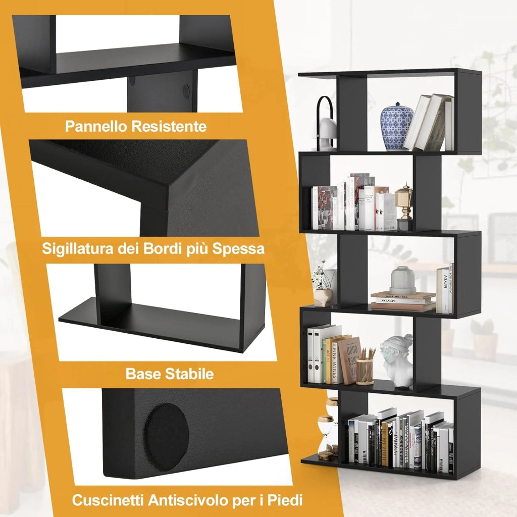 Scaffale in Legno a 5 Ripiani, Libreria Scaffale a Forma di S con Dispositivo Antiribaltamento, Divisorio per Soggiorno Ufficio Camera da Letto, 70 x 23,5 x 158 cm