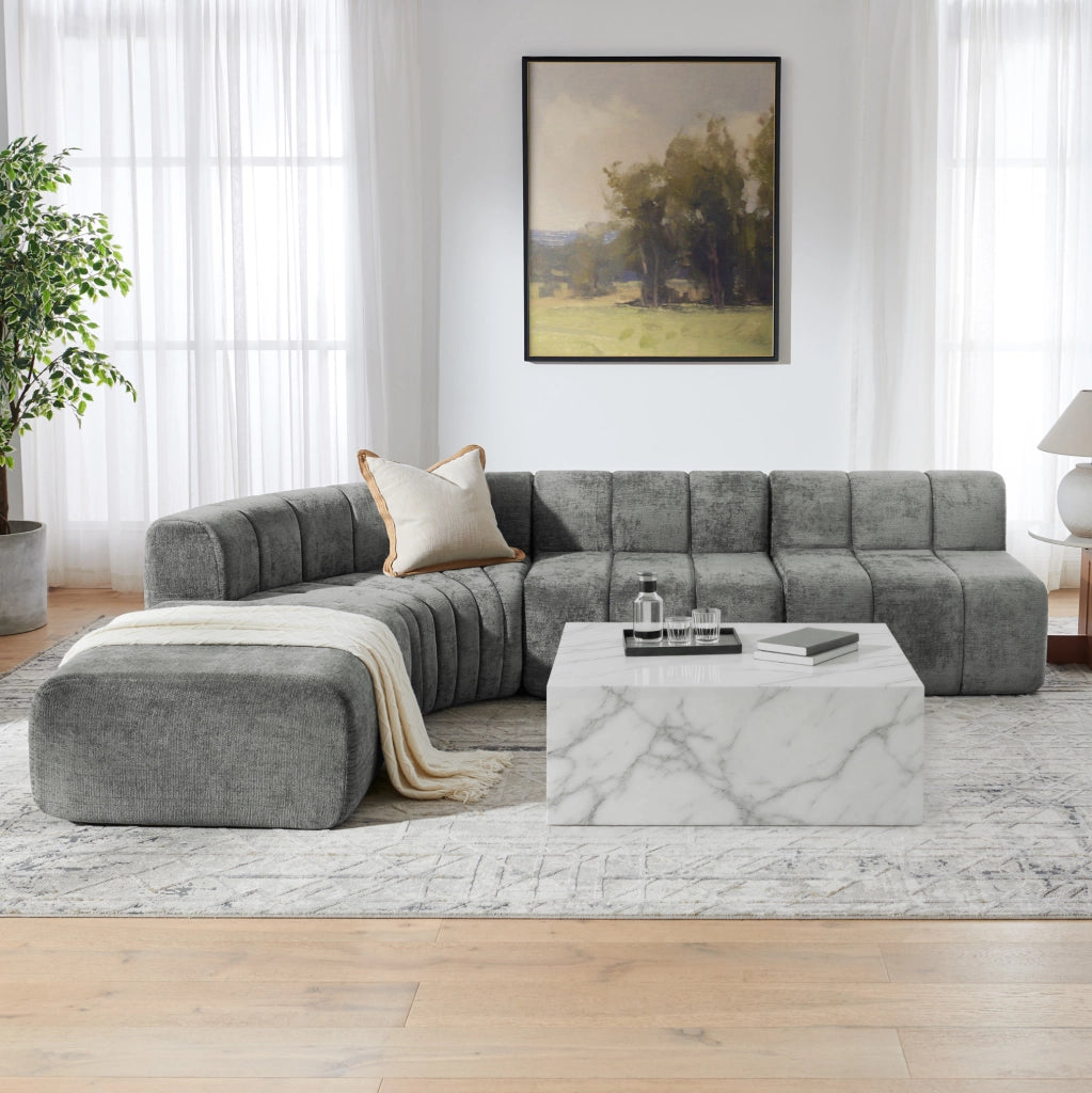 Divano angolare modulare in ciniglia grigio con moduli combinabili