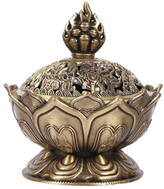 Wierookbrander per Backflow, Olandese, con Lotus, per Wierook, Asvanger per Houtskool, per Poeder Kegel o Spoel, in Koperlegering (Stick/Cone/Coil Wierook), (Bronzen)