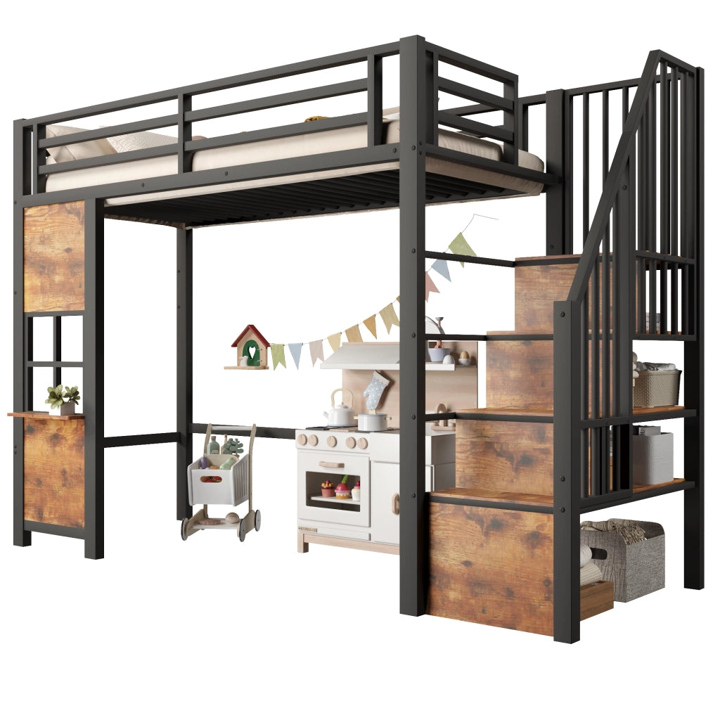 Letto a soppalco 90x200 cm con scala contenitore; finestra; spazio libero sottostante e parapetto; metallo nero
