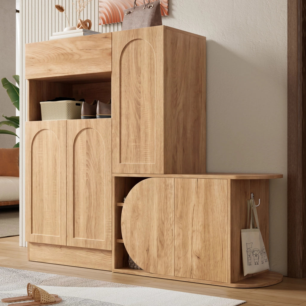 Mobile scarpiera con panca e cassetto, 5 ante e vani aperti, design moderno in finitura naturale, 130 x 35 x 110,5 cm