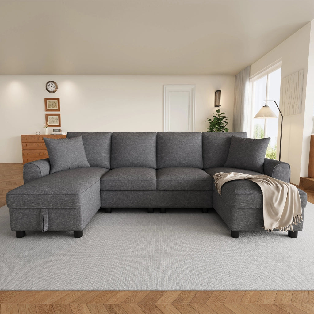 Divano modulare a U con chaise longue contenitore e cuscini in chenille grigio