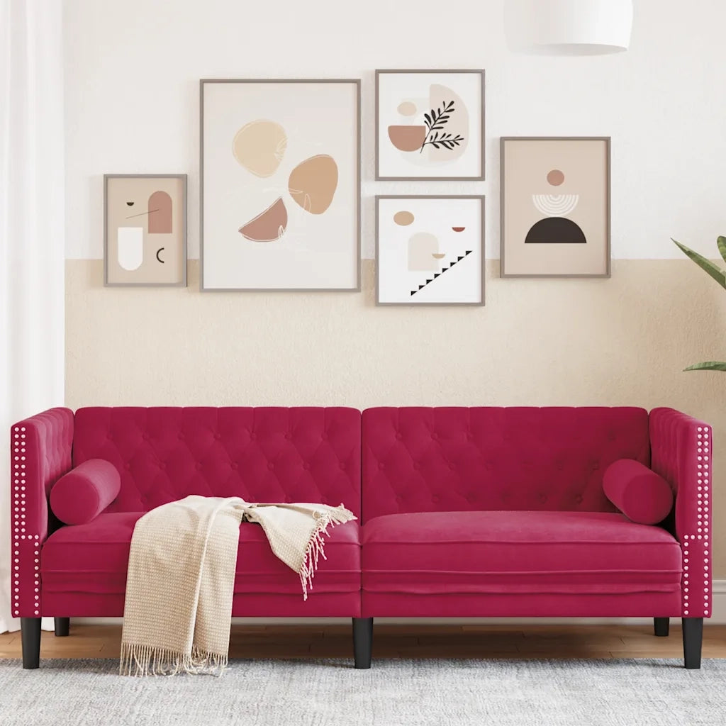 Divano Chesterfield con Rinforzi 3 Posti-Sofa 3 Posti-Divanetto Rosso Vino in Velluto