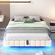 Letto matrimoniale imbottito 160x200 cm sospeso con LED; contenitore; beige