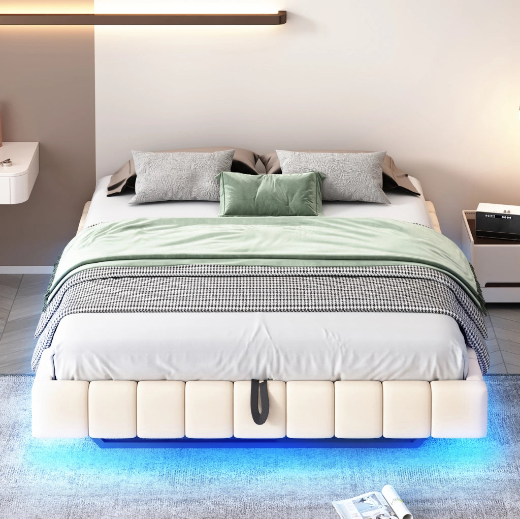 Letto matrimoniale imbottito 160x200 cm sospeso con LED; contenitore; beige