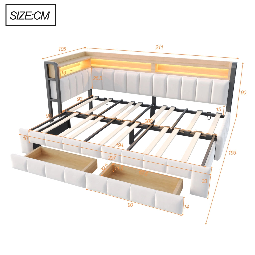 Divano letto imbottito 90x200 cm estensibile in 180x200 cm con contenitori, cassetti, LED e porte USB/Type-C, velluto beige