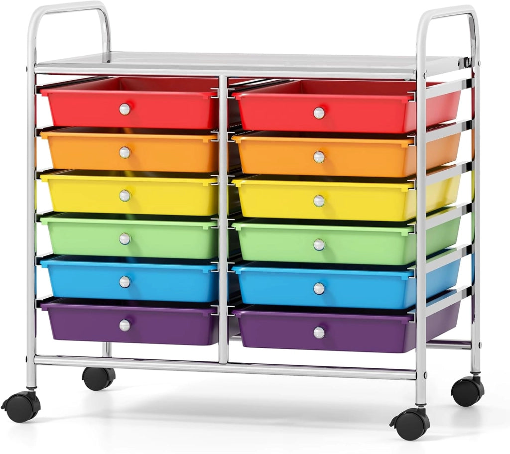 Carrello con 12 cassetti impilabili, carrello per cassetti con ruote e piano di lavoro, carrello per soggiorno, cucina, camera da letto e uffici, 64 x 38 x 62 cm (colorato)